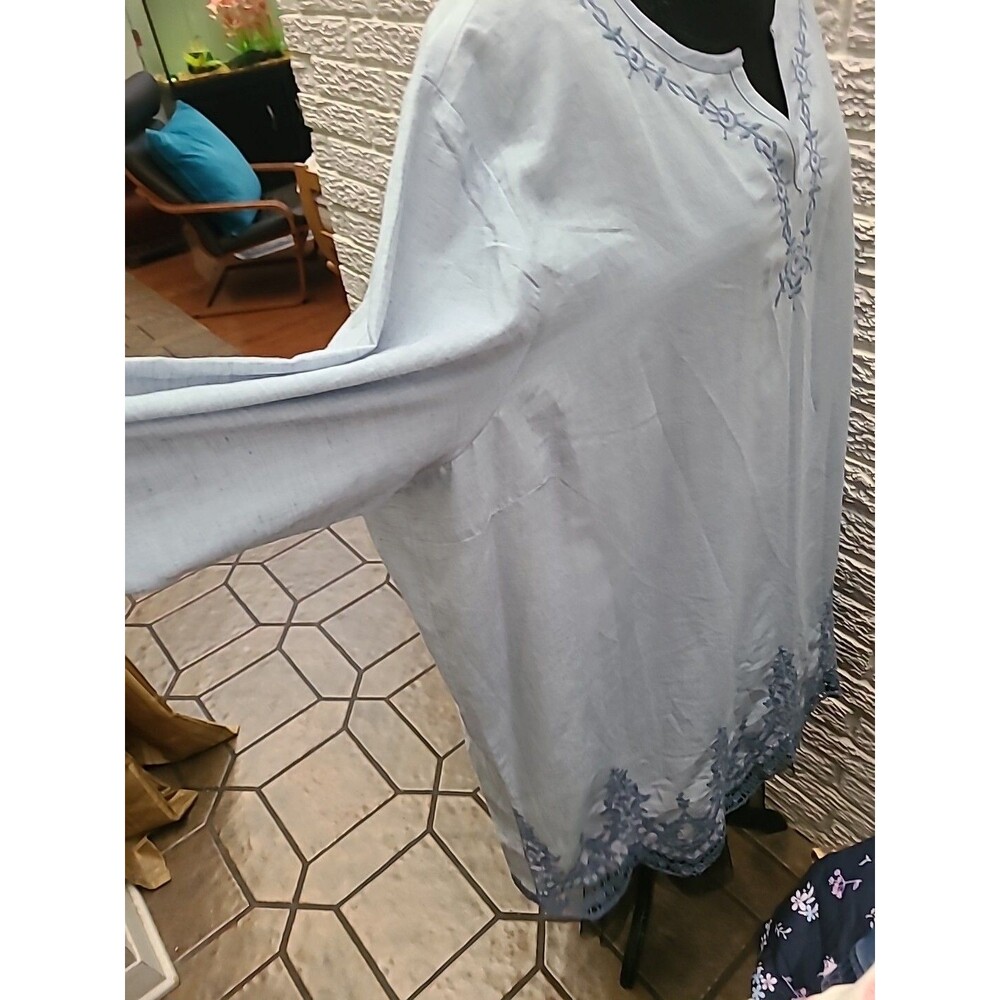BLAIR Women's Blue Chambray Shirt Embroidered 3x Light Boho Pheasant Lovely - Picture 5 of 9
